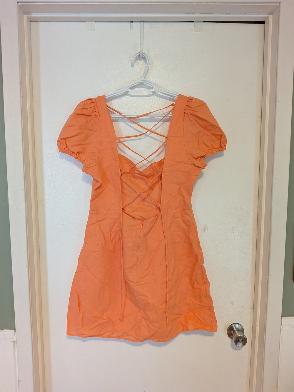 Aritzia Peach Puff-Sleeve Mini Dress with Crisscross Back - Picture 3 of 5